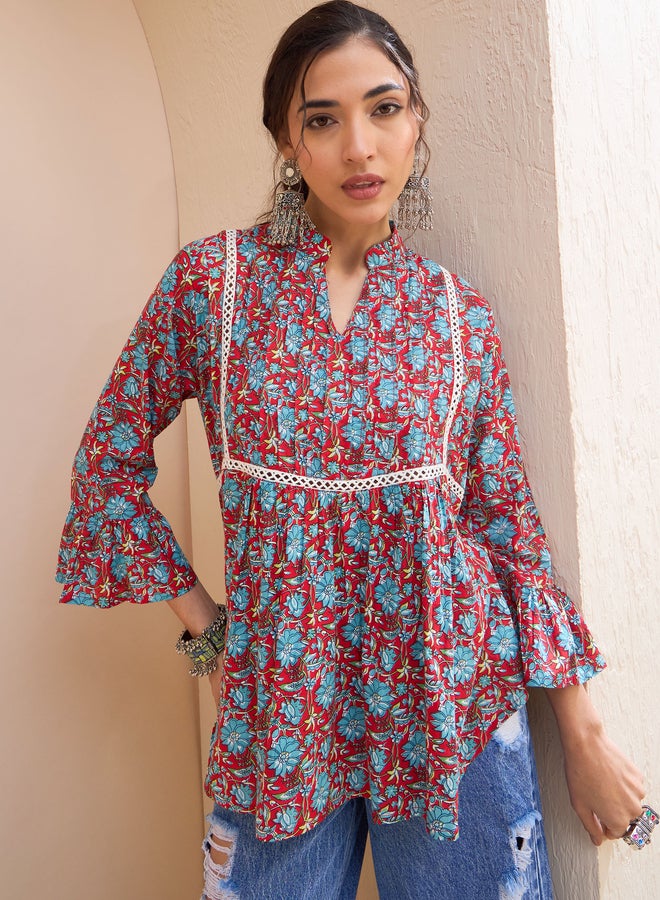 SASSAFRAS Red Floral Front Pintuck Kurti - Image 1