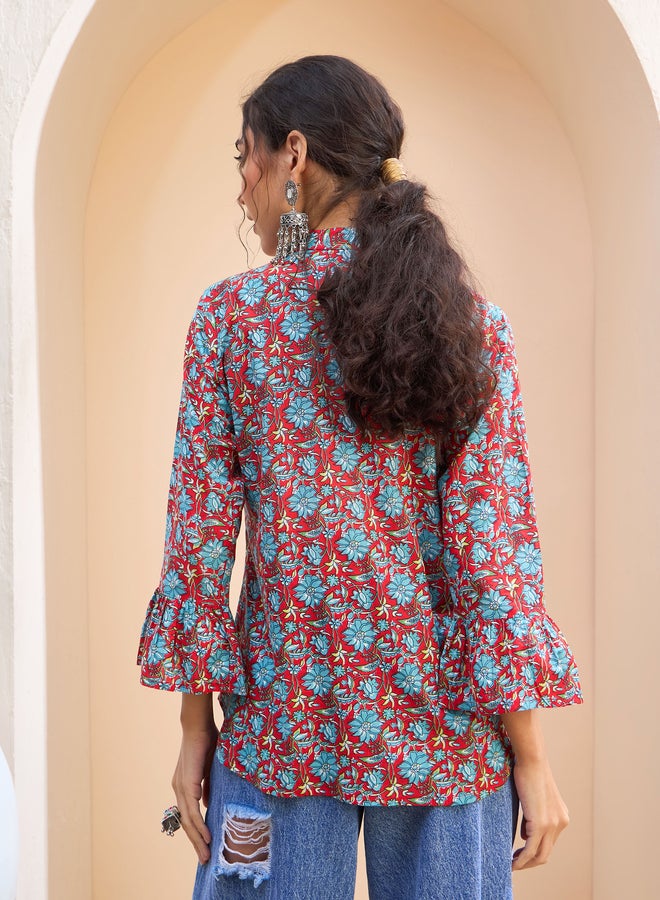 SASSAFRAS Red Floral Front Pintuck Kurti - Image 5