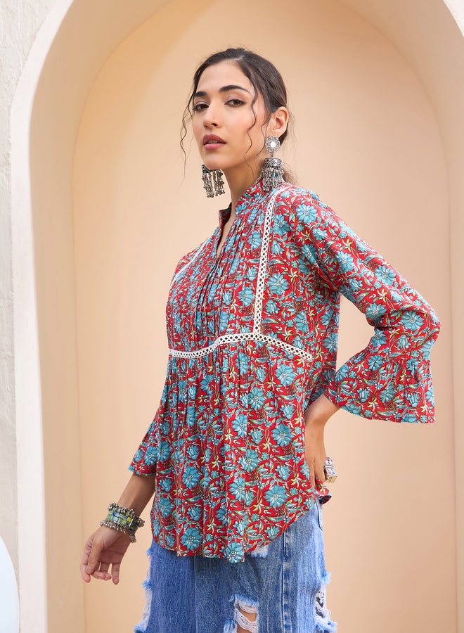 SASSAFRAS Red Floral Front Pintuck Kurti - Image 3