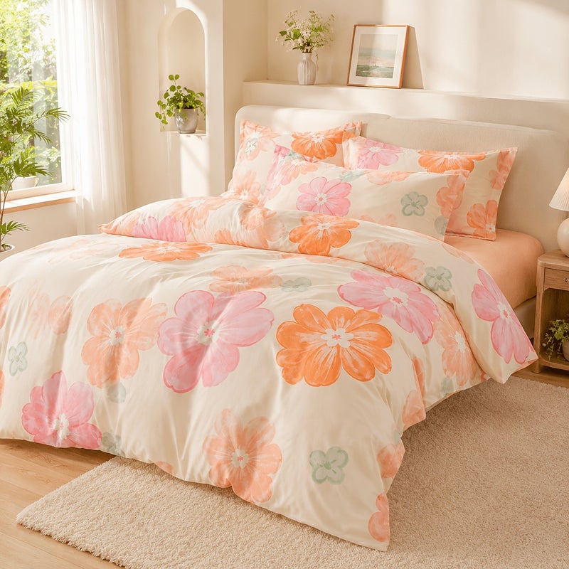 Duvet Cover Set, Orange And Pink And Nude Floral Pattern, Pastoral Style 3pcs Set Including 1pc Duvet Cover And 2pcs Pillowcases - Washable Polyester, Machine Washable - Breathable And Easy to Clean, Feather And Pillow Core Not Included - Image 3
