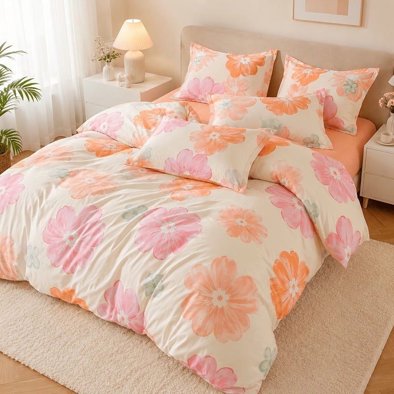 Duvet Cover Set, Orange And Pink And Nude Floral Pattern, Pastoral Style 3pcs Set Including 1pc Duvet Cover And 2pcs Pillowcases - Washable Polyester, Machine Washable - Breathable And Easy to Clean, Feather And Pillow Core Not Included - Image 2