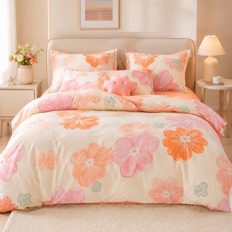 Duvet Cover Set, Orange And Pink And Nude Floral Pattern, Pastoral Style 3pcs Set Including 1pc Duvet Cover And 2pcs Pillowcases - Washable Polyester, Machine Washable - Breathable And Easy to Clean, Feather And Pillow Core Not Included - Image 1