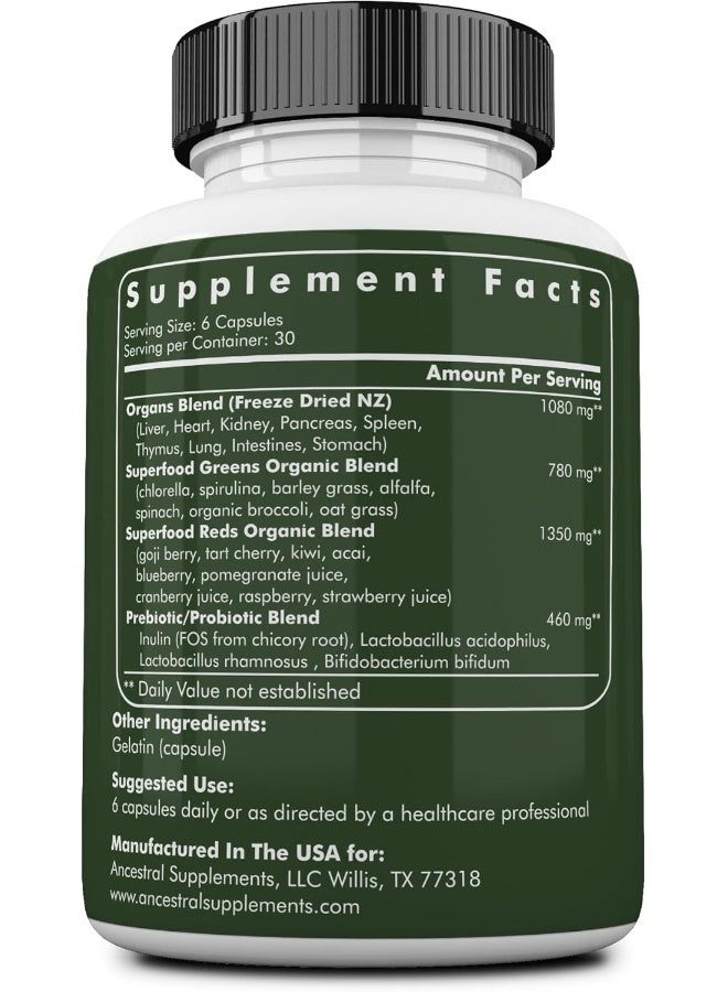 Ancestral Supplements Greens Powder Capsules, Organic Superfood Greens & Reds Blend with Spirulina, Chlorella, Grass Fed Beef Organs, and Probiotics for Gut Health, Non GMO, 615mg Each, 180 Count - Image 2