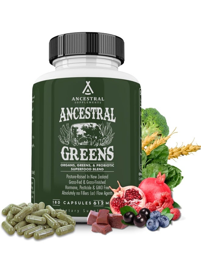 Ancestral Supplements Greens Powder Capsules, Organic Superfood Greens & Reds Blend with Spirulina, Chlorella, Grass Fed Beef Organs, and Probiotics for Gut Health, Non GMO, 615mg Each, 180 Count - Image 1