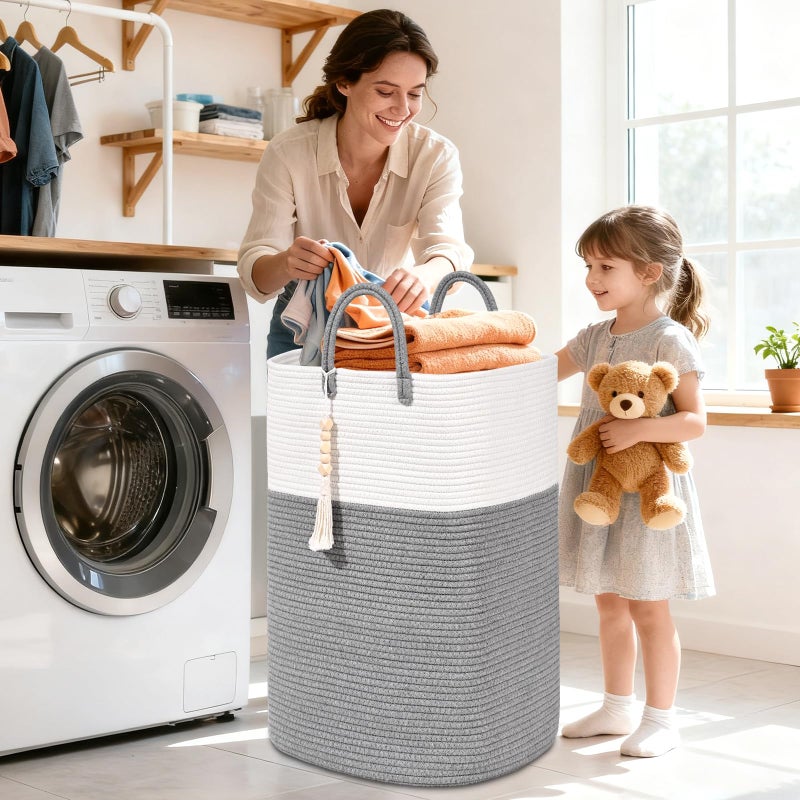 WENMER Woven Laundry Basket for Clothes, 65L Large Rectangle Laundry Hampers with Beads Tassel, Nursery Storage Basket for Toys, Tall Dirty Clothes Hamper for Bedroom Aesthetic, Laundry Room Organization - Image 2