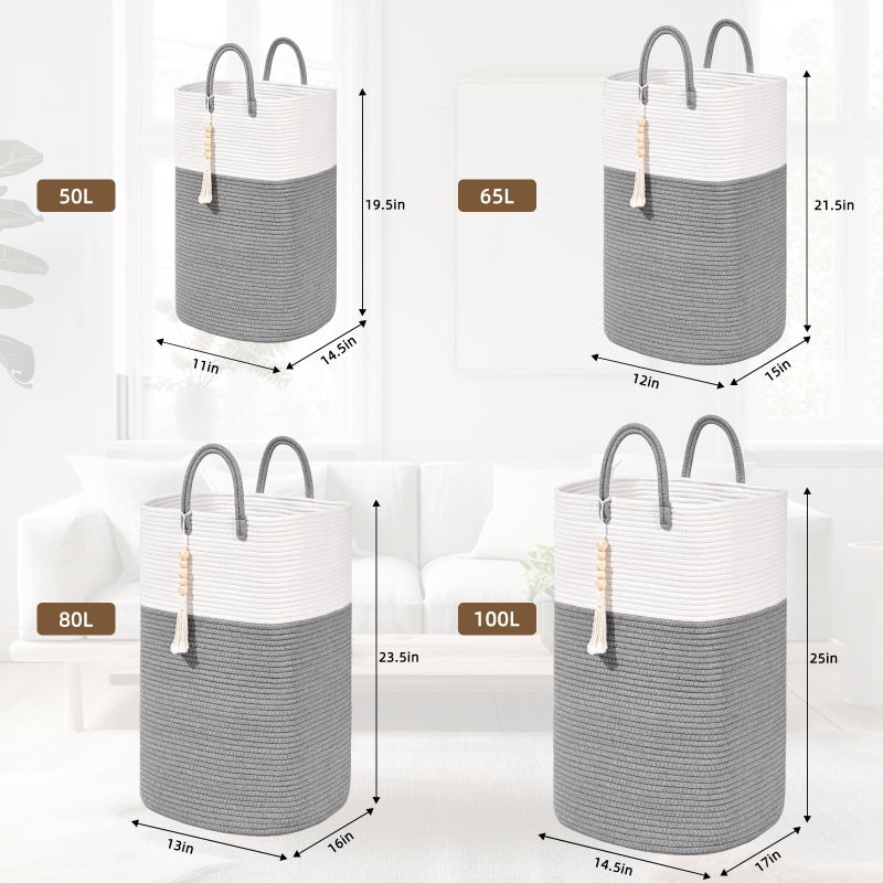 WENMER Woven Laundry Basket for Clothes, 65L Large Rectangle Laundry Hampers with Beads Tassel, Nursery Storage Basket for Toys, Tall Dirty Clothes Hamper for Bedroom Aesthetic, Laundry Room Organization - Image 3