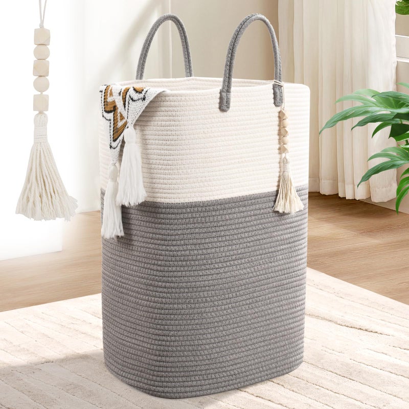 WENMER Woven Laundry Basket for Clothes, 65L Large Rectangle Laundry Hampers with Beads Tassel, Nursery Storage Basket for Toys, Tall Dirty Clothes Hamper for Bedroom Aesthetic, Laundry Room Organization - Image 1