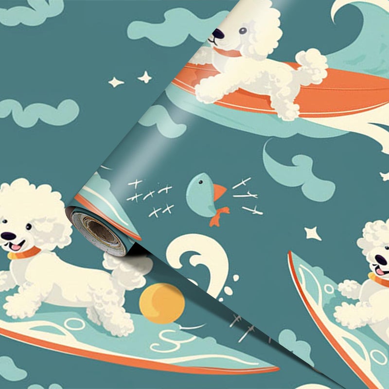 HOMETITUTE Dog Surfing Wallpaper Peel and Stick Vinyl SelfAdhesive Removable Contact Paper Cartoon Puppy and Waves Design for Walls Countertops Cabinets Home Decor 157x394 - Image 2