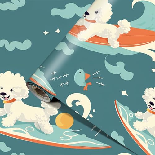 HOMETITUTE Dog Surfing Wallpaper Peel and Stick Vinyl SelfAdhesive Removable Contact Paper Cartoon Puppy and Waves Design for Walls Countertops Cabinets Home Decor 157x394 - Image 1