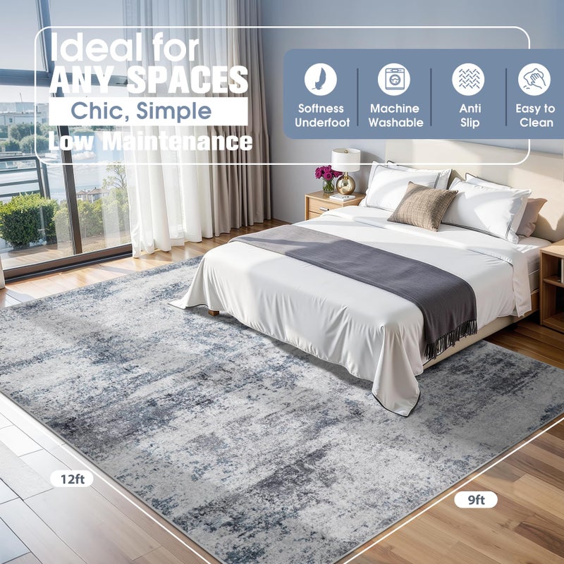 Aelenmu 9x12 Area Rugs for Living Room Washable: Abstract Large Rug for Dining Room Bedroom Carpet Non Slip 9 by 12 Indoor Modern Nursery Home Office Blue Grey - Image 2