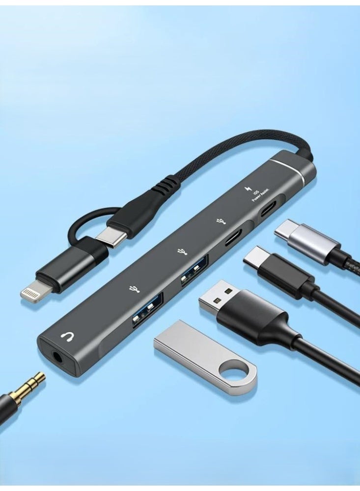 USB C/Lightning Hub, 5-in-1 MultiPort Adapter Dock with 2 x USB-C, 1 x USB A, SD/audio jack 3.5mm Slot USB Splitter Compatible with iPhone/iPad Pro,PC,MacBook Air/Pro,Laptop,PS5/PS4 More Type C Devices - Image 2