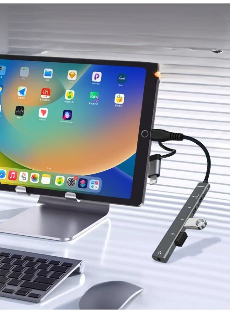 USB C/Lightning Hub, 5-in-1 MultiPort Adapter Dock with 2 x USB-C, 1 x USB A, SD/audio jack 3.5mm Slot USB Splitter Compatible with iPhone/iPad Pro,PC,MacBook Air/Pro,Laptop,PS5/PS4 More Type C Devices - Image 4