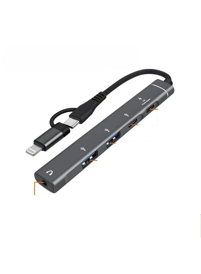 USB C/Lightning Hub, 5-in-1 MultiPort Adapter Dock with 2 x USB-C, 1 x USB A, SD/audio jack 3.5mm Slot USB Splitter Compatible with iPhone/iPad Pro,PC,MacBook Air/Pro,Laptop,PS5/PS4 More Type C Devices - Image 1