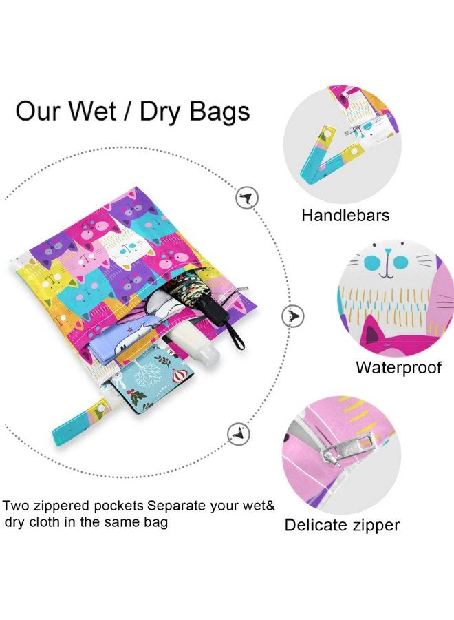 visesunny Colorful Cat 2Pcs Wet Bag with Zippered Pockets Washable Reusable Roomy for Travel,Beach,Pool,Daycare,Stroller,Diapers,Dirty Gym Clothes, Wet Swimsuits, Toiletries - Image 5