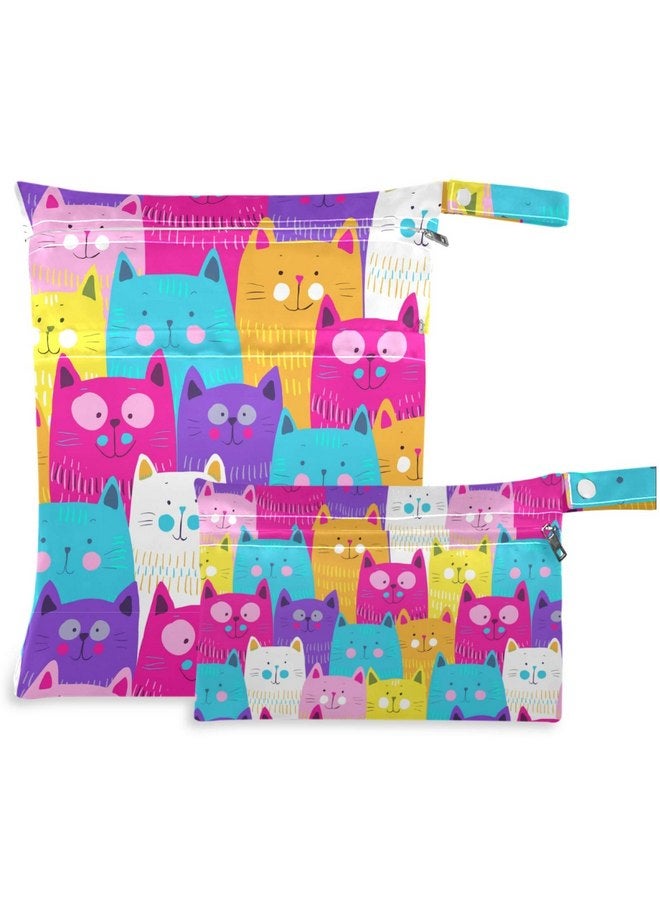 visesunny Colorful Cat 2Pcs Wet Bag with Zippered Pockets Washable Reusable Roomy for Travel,Beach,Pool,Daycare,Stroller,Diapers,Dirty Gym Clothes, Wet Swimsuits, Toiletries - Image 1