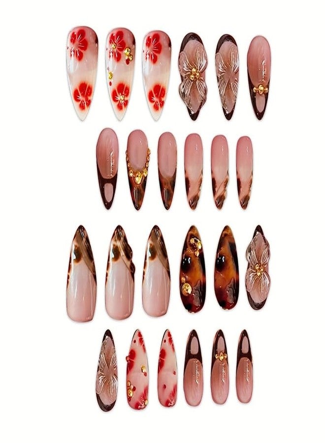 TOGZOM 3D Flower Press on Nails Medium Almond Fake Nails Brown False Nails with Designs Gold Bead Nails Press ons French Tip Glue on Nail Reusable Full Cover Stick on Nail for Women Manicure 24pcs - Image 2