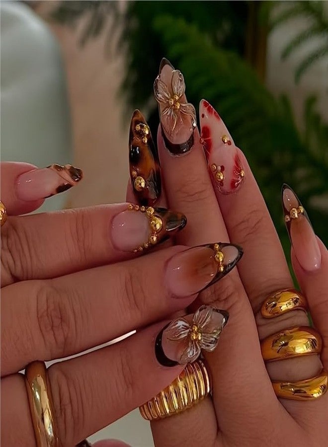 TOGZOM 3D Flower Press on Nails Medium Almond Fake Nails Brown False Nails with Designs Gold Bead Nails Press ons French Tip Glue on Nail Reusable Full Cover Stick on Nail for Women Manicure 24pcs - Image 1