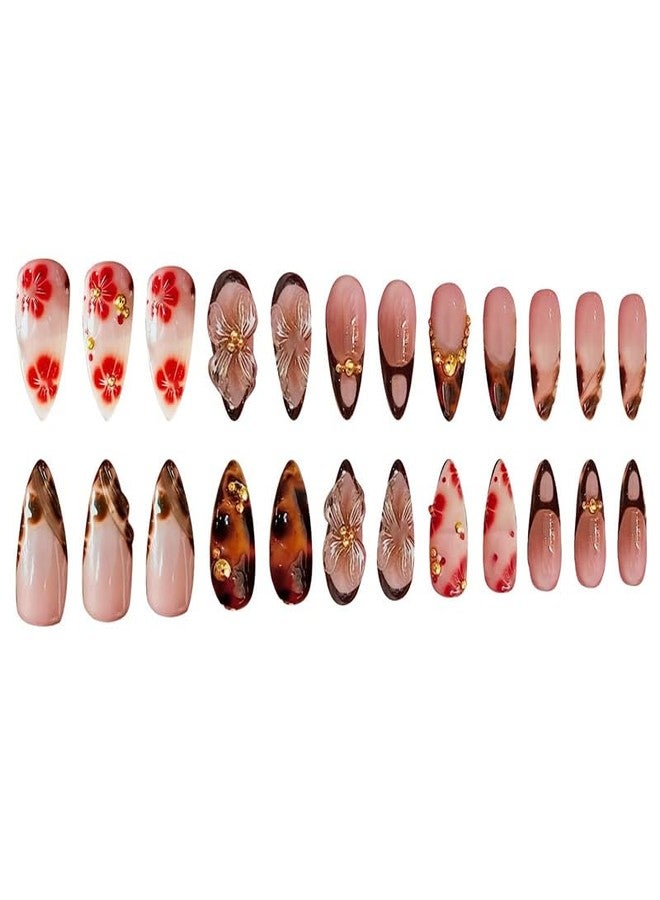TOGZOM 3D Flower Press on Nails Medium Almond Fake Nails Brown False Nails with Designs Gold Bead Nails Press ons French Tip Glue on Nail Reusable Full Cover Stick on Nail for Women Manicure 24pcs - Image 4
