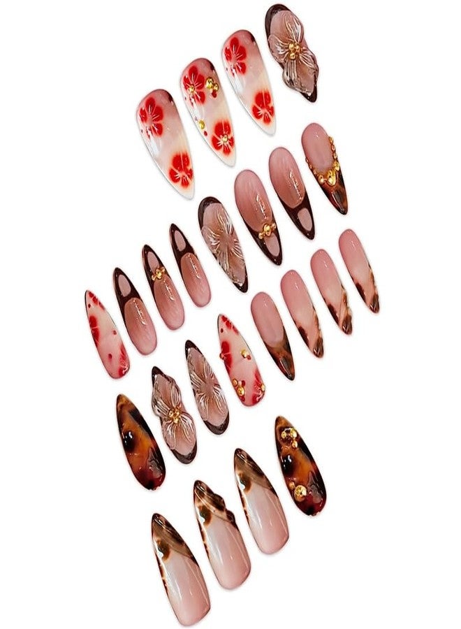 TOGZOM 3D Flower Press on Nails Medium Almond Fake Nails Brown False Nails with Designs Gold Bead Nails Press ons French Tip Glue on Nail Reusable Full Cover Stick on Nail for Women Manicure 24pcs - Image 3