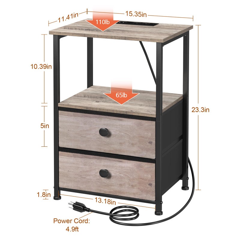 LOAKEKEL Night Stand Set 2, LED Nightstand with Charging Station, End Tables with Storage Shelf, Bedside Table with 2 Fabric Drawers for Bedroom, Small Spaces, Grey HETS02PGY - Image 5