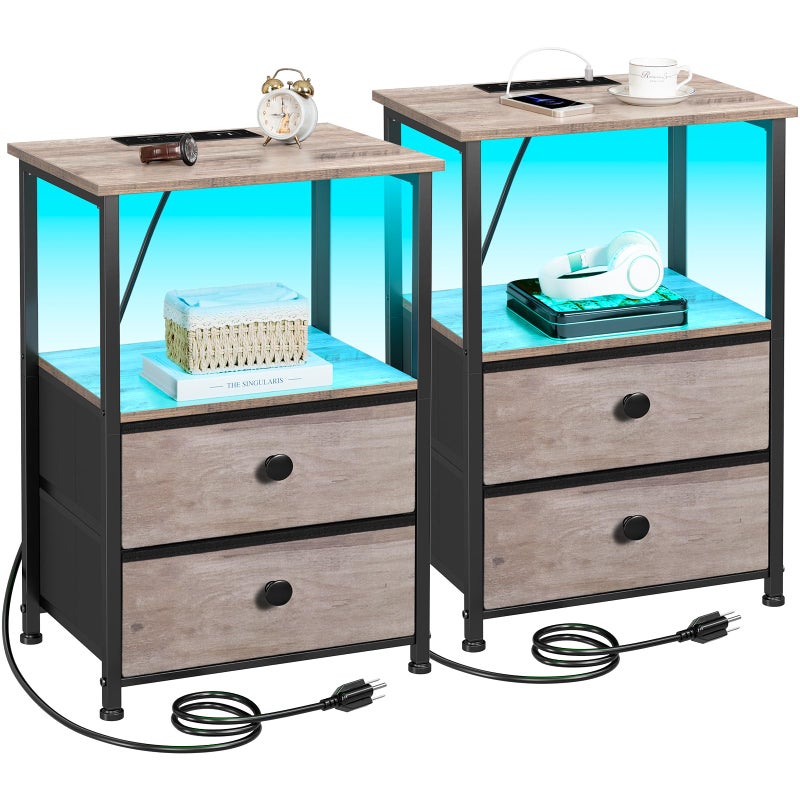 LOAKEKEL Night Stand Set 2, LED Nightstand with Charging Station, End Tables with Storage Shelf, Bedside Table with 2 Fabric Drawers for Bedroom, Small Spaces, Grey HETS02PGY - Image 1