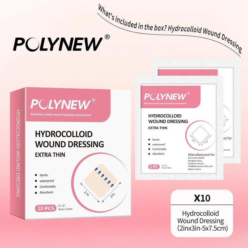 POLYNEW 2 x 3 Extra Thin Hydrocolloid Dressing  10 Pack Waterproof Wound Patches for Light Exudate Pressure Ulcers Bed Sores  Adhesive Bandages - Image 5