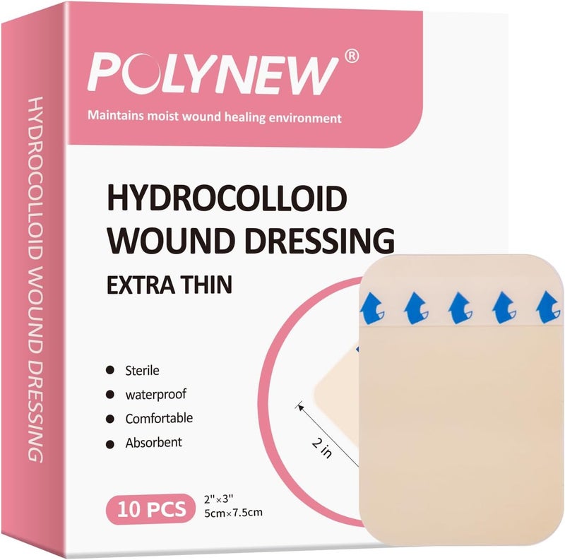 POLYNEW 2 x 3 Extra Thin Hydrocolloid Dressing  10 Pack Waterproof Wound Patches for Light Exudate Pressure Ulcers Bed Sores  Adhesive Bandages - Image 1