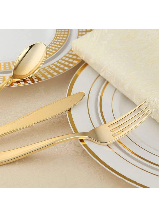 AIWANTO 150 Piece Dinnerware Set - 50 Guest Plates（25 10.25" Plates and 25 7.5" plates） - 25 Gold Plastic Silverware - 25 Gold Cups, 25 Guest Disposable Gold Dinnerware Set - Image 5