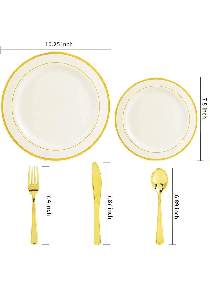 AIWANTO 150 Piece Dinnerware Set - 50 Guest Plates（25 10.25" Plates and 25 7.5" plates） - 25 Gold Plastic Silverware - 25 Gold Cups, 25 Guest Disposable Gold Dinnerware Set - Image 4