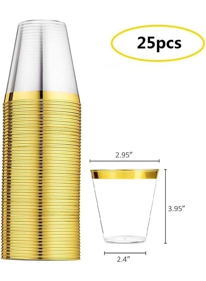 AIWANTO 150 Piece Dinnerware Set - 50 Guest Plates（25 10.25" Plates and 25 7.5" plates） - 25 Gold Plastic Silverware - 25 Gold Cups, 25 Guest Disposable Gold Dinnerware Set - Image 3