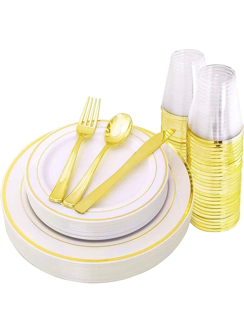 AIWANTO 150 Piece Dinnerware Set - 50 Guest Plates（25 10.25" Plates and 25 7.5" plates） - 25 Gold Plastic Silverware - 25 Gold Cups, 25 Guest Disposable Gold Dinnerware Set - Image 1
