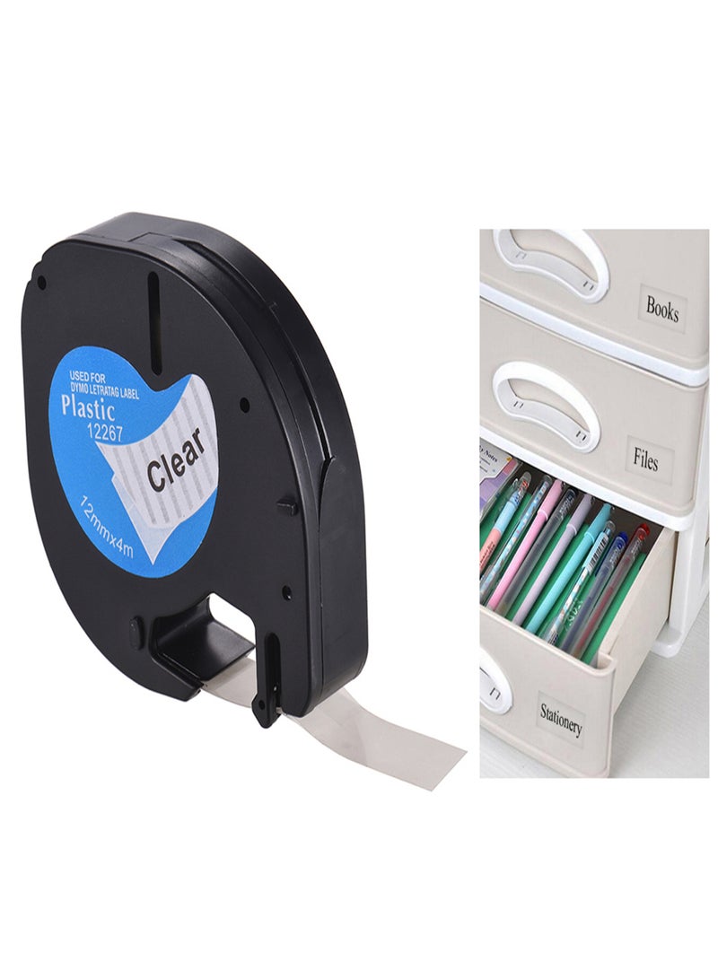 شريط ملصقات 12267 بلاستيك ذاتي اللصق، أسود، طباعة على شريط شفاف، 1/2 بوصة * 13 قدمًا، 12 مم * 4 أمتار، لآلة صنع الملصقات DYMO LT-100H، لفة واحدة - Image 2