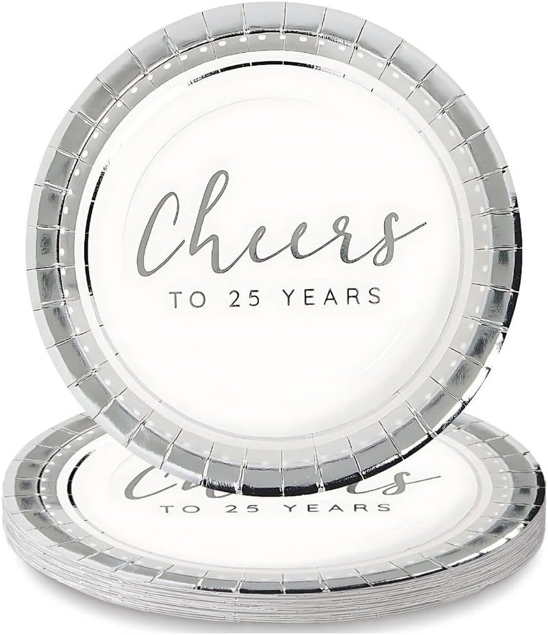 Fun Express Cheers to 25 Years Silver Anniversary Party Paper Dessert Plates  Disposable Tableware Dessert Plates for Birthday Wedding Treats and Festivities Graduation Party Supplies  24 Pieces - Image 1