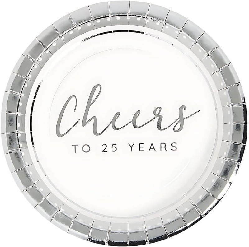 Fun Express Cheers to 25 Years Silver Anniversary Party Paper Dessert Plates  Disposable Tableware Dessert Plates for Birthday Wedding Treats and Festivities Graduation Party Supplies  24 Pieces - Image 2