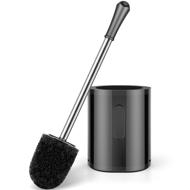 AONEZ Toilet Brush, Compact Size Toilet Bowl Brush with Stainless Steel Handle, Small Size Plastic Holder Easy to Hide, Space Saving for Storage, Drip-Proof, Easy to Assemble, Deep Cleaning Black - Image 1