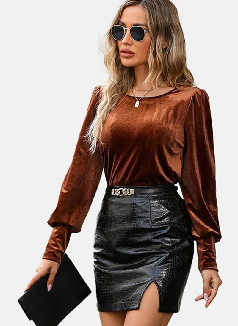يونيكي Brown Solid Relaxed Long Sleeve Top