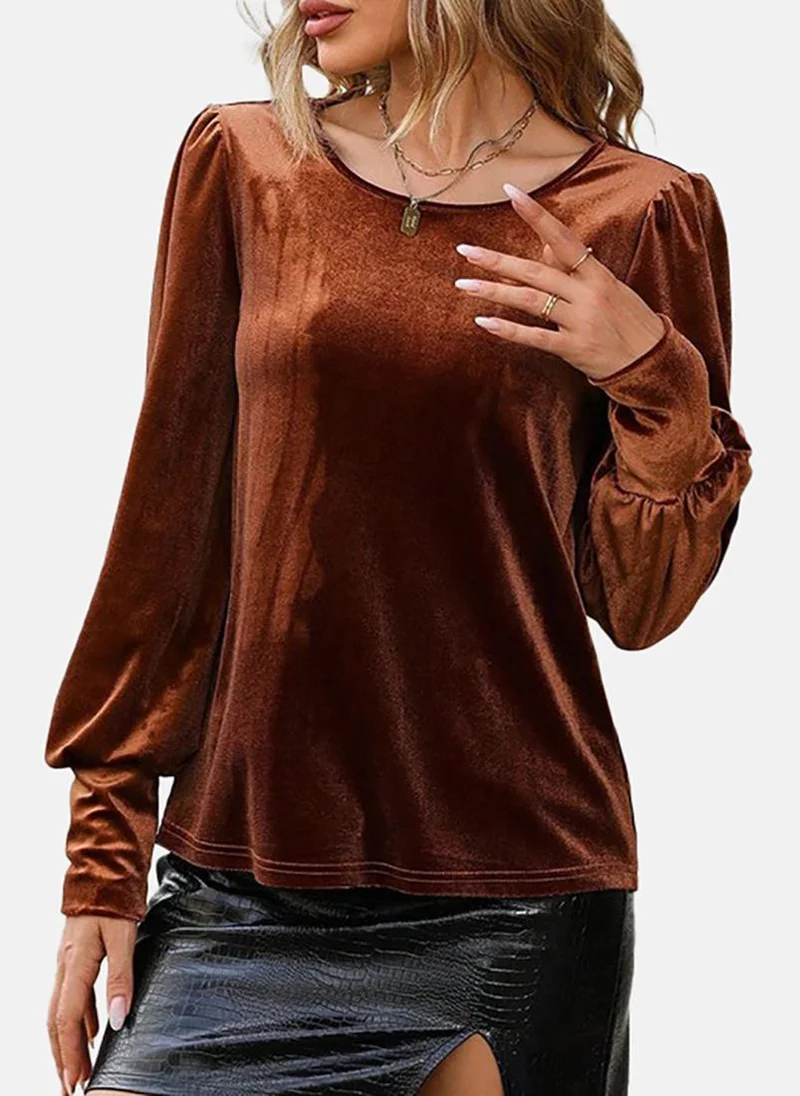 يونيكي Brown Solid Relaxed Long Sleeve Top