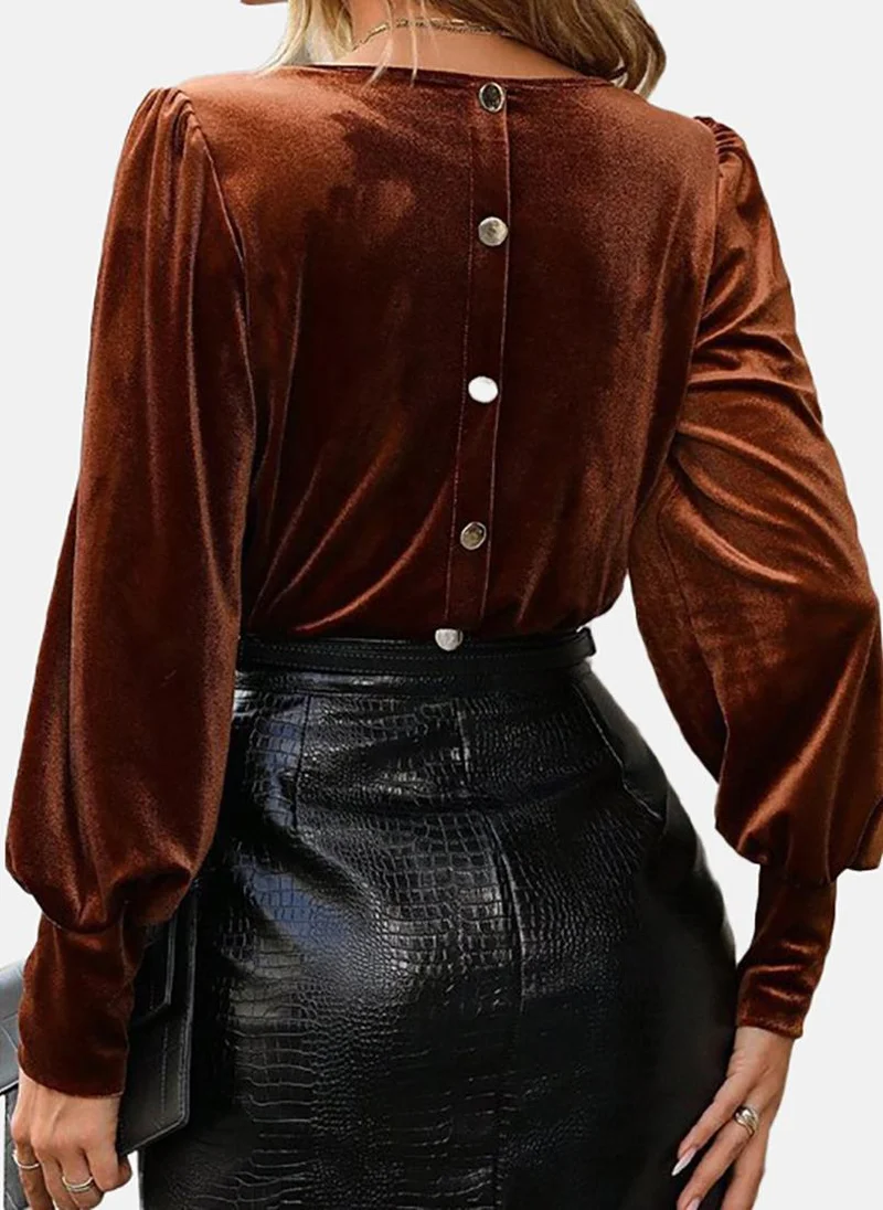 يونيكي Brown Solid Relaxed Long Sleeve Top