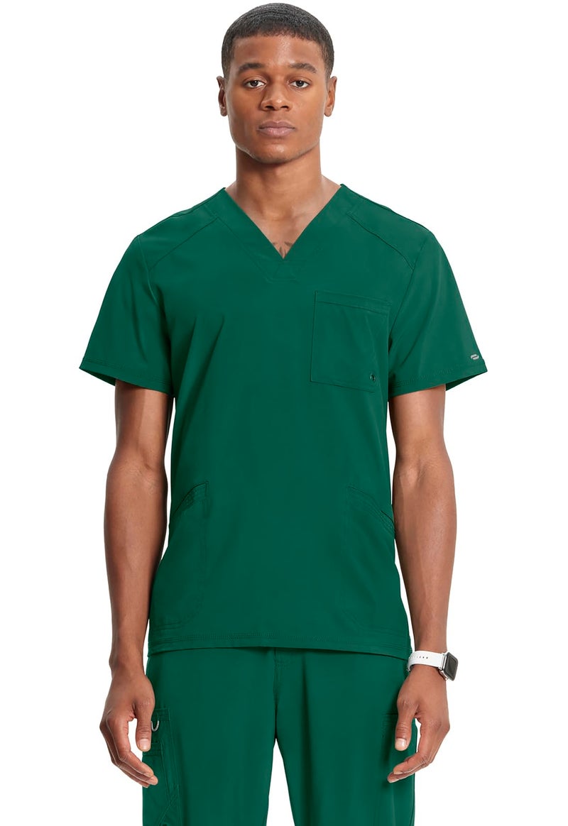 Cherokee Infinity Mens V-Neck Scrub Top Modern Fit, 3 Pockets, Rib-Knit Back Panels, Moisture-Wicking 360Â° Stretch - CK900A, L, Hunter Green