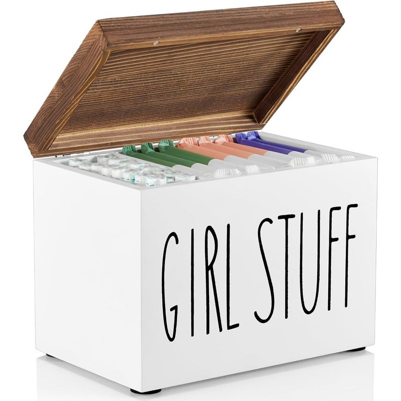Tampon Organizer, Wooden Feminine Product Storage Box, Tampon Pad Organizer for Bathroom, Discreet Organizer Case with Removable Divider and Hinged Lid, Lady Stuff Bathroom Accessories - Image 1
