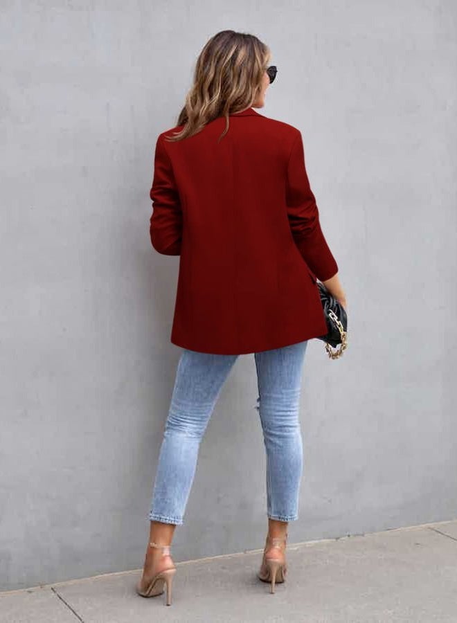 CRAZY GRID Womens Casual Blazer Long Sleeve Business Suit Jacket Open Front Button Work Office Blazer Jacket Fashion Dressy Ladies Blazer Purplish Red Size Large - Image 3