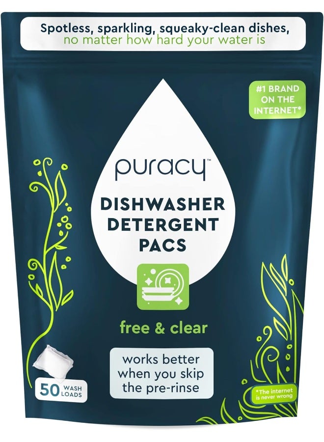 Puracy Dishwasher Pods 50 Count, Natural Dishwasher Detergent, Free & Clear Dish Tabs - Image 1