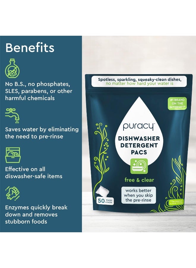 Puracy Dishwasher Pods 50 Count, Natural Dishwasher Detergent, Free & Clear Dish Tabs - Image 2