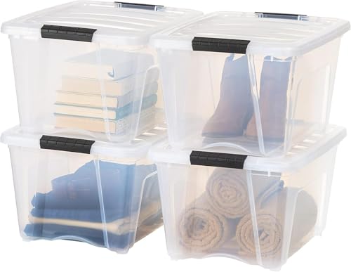 IRIS USA 32 Qt Stackable Plastic Storage Bins with Lids 4 Pack  BPAFree Made in USA  SeeThrough Organizing Solution Latches Durable Nestable Containers Secure Pull Handle  Clear