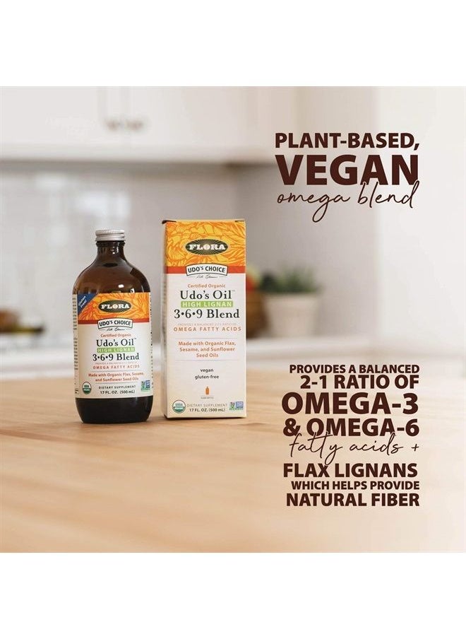 Flora - Udo's Choice High-Lignan 369 Omega Oil Blend, Udo's Oil Balanced 2:1:1 Ratio of Omega Fatty Acids, Made with Organic Flax, Sesame & Sunflower Seed Oils, 17-oz. Glass Bottle - Image 1