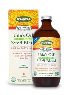 Udo's Choice High-Lignan 369 Omega Oil Blend, Udo's Oil Balanced 2:1:1 Ratio of Omega Fatty Acids, Made with Organic Flax, Sesame & Sunflower Seed Oils, 17-oz. Glass Bottle