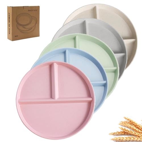 PUPOPIK 9" Unbreakable Divided Plates Set of 5, Wheat Straw Plate Reusable Dinnerware Portion Control Plates, Round Bariatric Plastic Plate for Kids Adults, BPA-free, Dishwasher Safe - Image 1