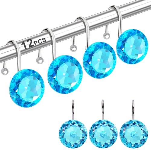 Shower Curtain Hooks Rings for Bathroom 12PCS Stainless Steel Rust Resistant Decorative Rhinestones Shower Hangers for Curtains Clothing Towels etc Aqua Blue