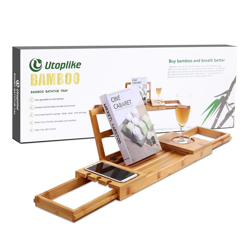 Utoplike Bamboo Bathtub Caddy Tray Bath Tray for Tub Adjustable Bathroom Bathtub Organizer with Book Tablet Wine Glass Cup Towel Holder Bath Tray Distinctive Gift for Christmas
