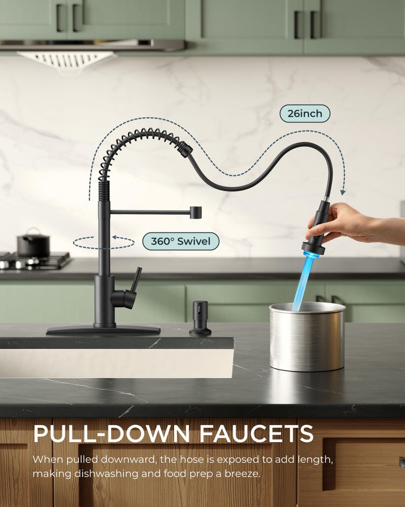 FORIOUS LED Kitchen Faucet with Pull Down Sprayer Black, Modern Single Handle Stainless Steel Commercial Spring Sink Faucet with LED Light for Pot Filler, Farmhouse Camper Bar Laundry Room - Image 2